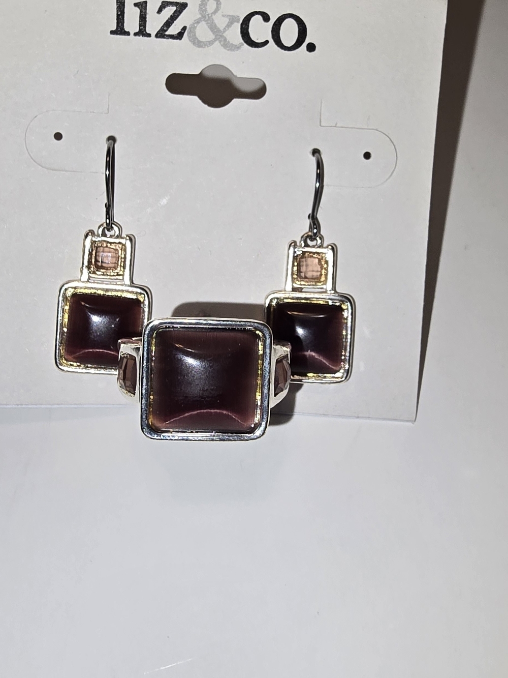 liz & co. Brown Square Cabochon Dangle Earrings And Silver Ring